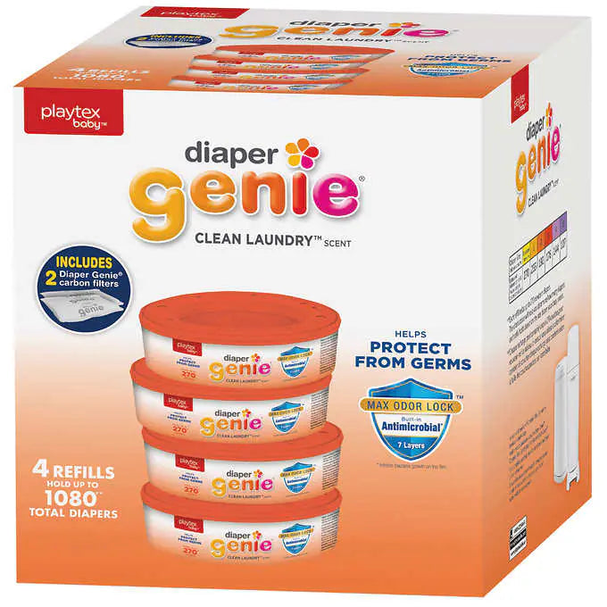 Playtex Diaper Genie Max Fresh Refill bags with a Clean Laundry Scent and Anti-Microbial, 1,080 count, PLUS 2 carbon filters