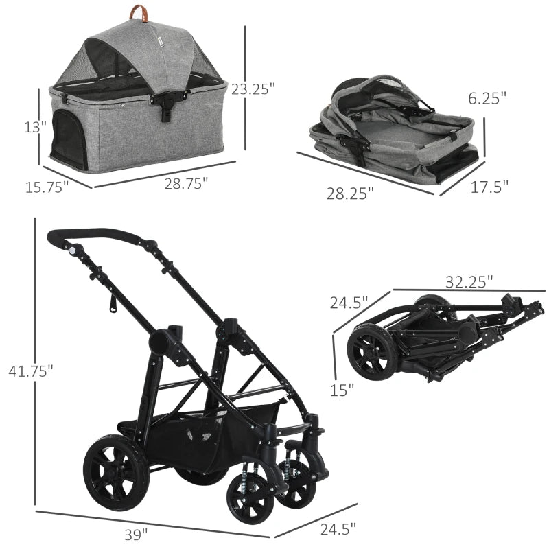 PawHut Travel Pet Stroller with Adjustable Handlebar, PVC Wheel Brake, Storage Bag, Mesh Window and Safety Leash, Grey