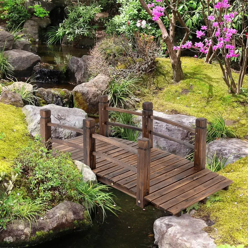 Outsunny Wooden Garden Bridge Arc Stained Finish Walkway with Metal Chain Railings