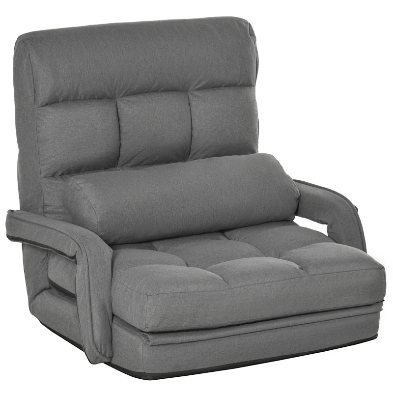 HOMCOM Convertible Floor Sofa Bed, Recliner Armchair Upholstered Sleeper Chair with Pillow, Grey