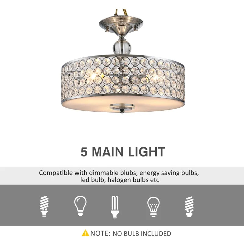 HOMCOM Chandelier Pendant Light Lamp with Crystal Ball Pole, Drum Shaped Shade, Ceiling-Connecting Metal Base - Silver
