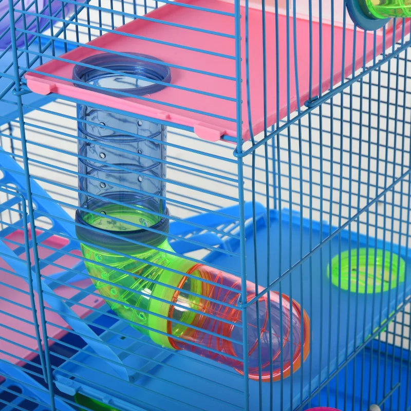 PawHut Extra Large 23" Hamster Cage with Tubes and Tunnels, Portable Carry Handles, Rat House and Habitats Big 5-Tier Design, Includes Exercise Wheel, Water Bottle, Food Dish, Light Blue