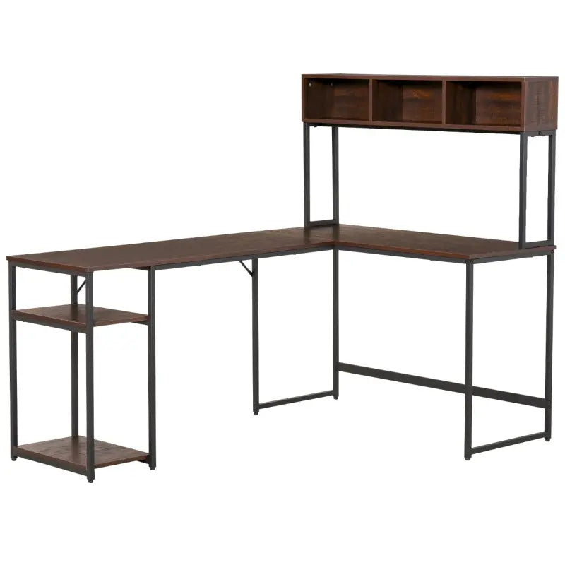 HOMCOM L-Shaped Home Office Writing Desk with Storage Shelf, Drawer, Industrial Corner PC Study Table Computer Workstation, Brown