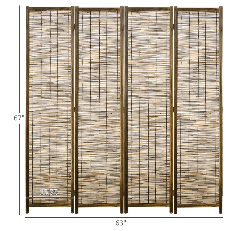 HOMCOM Hand Woven Room Divider, 4 Panel Folding Privacy Screen, Indoor Reed Partition Wall, 63"x67"x0.75", Brown