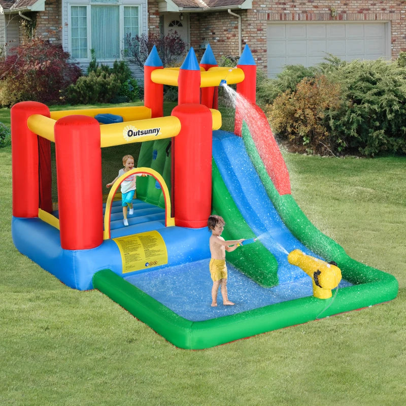 Outsunny Kids 4 in 1 Inflatable Bounce Castle House with Slide, Water Pool, Climbing Wall