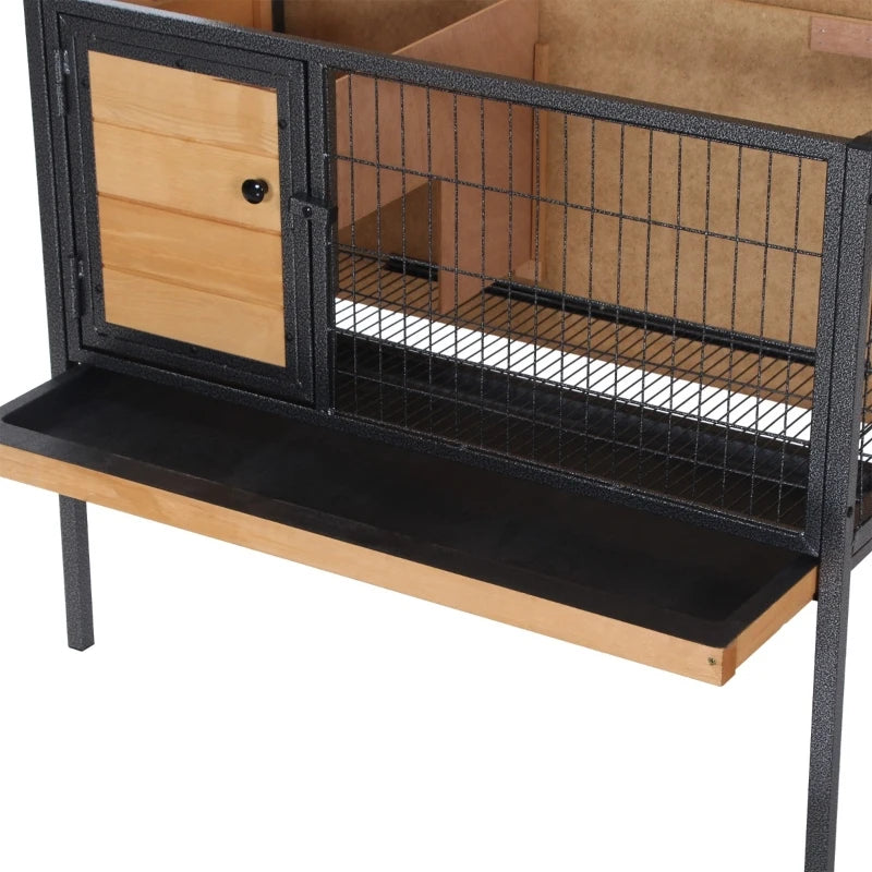 PawHut Rabbit Hutch Elevated Bunny Cage Small Animal Habitat with Metal Frame, No Leak Tray, Mtetal Wire Pan and Openable Water-Resistant Asphalt Roof for Indoor/Outdoor Natural Wood