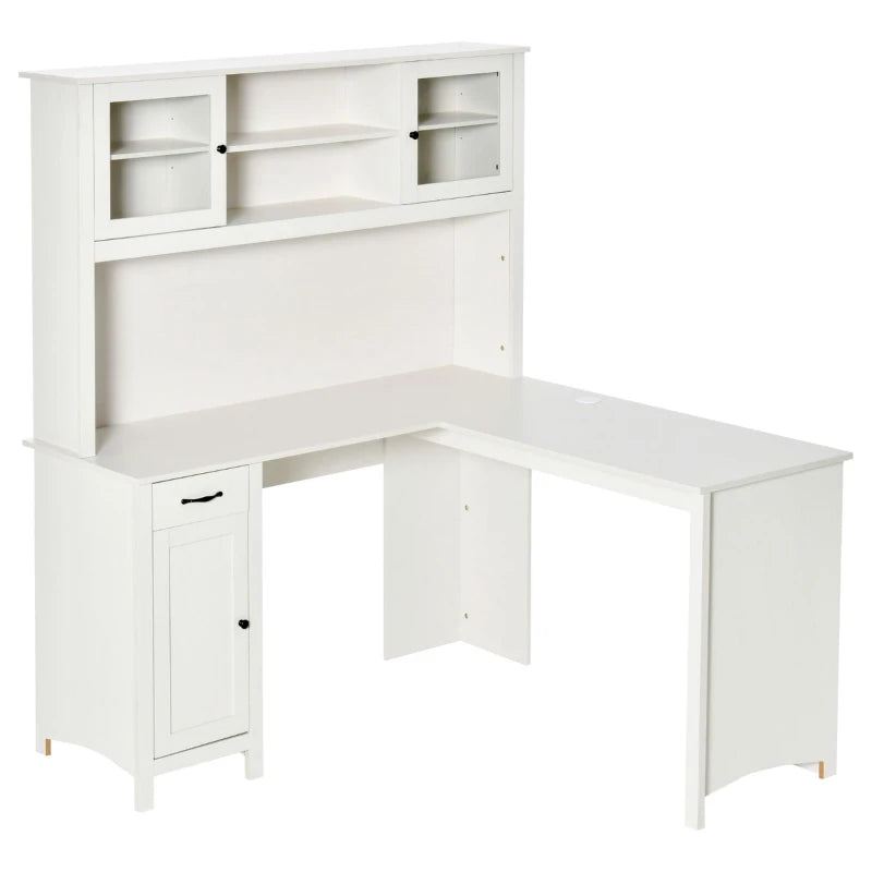 HOMCOM L Shaped Desk with Hutch Computer Desk with Drawers Home Office  Corner Desk Study Workstation Table with Storage Cabinets Shelves White