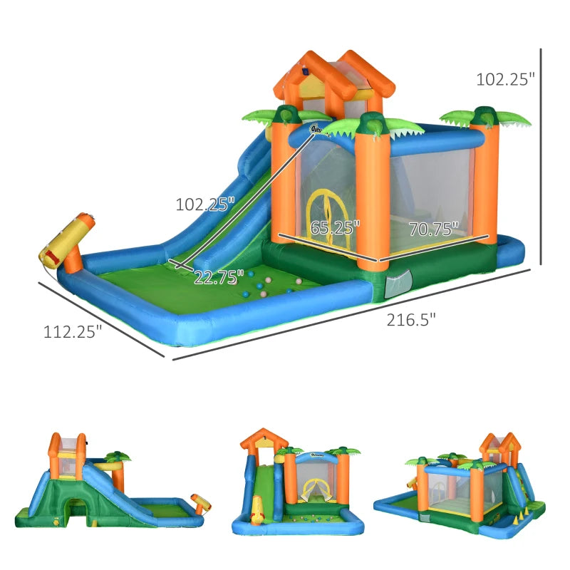 Outsunny 6-in-1 Tropical Inflatable Water Slide Summer Theme Jumping Castle Includes Floating Ball Slide Trampoline Pool Cannon Climbing Wall with Carry Bag, Repair Patches and 450W Air Blower