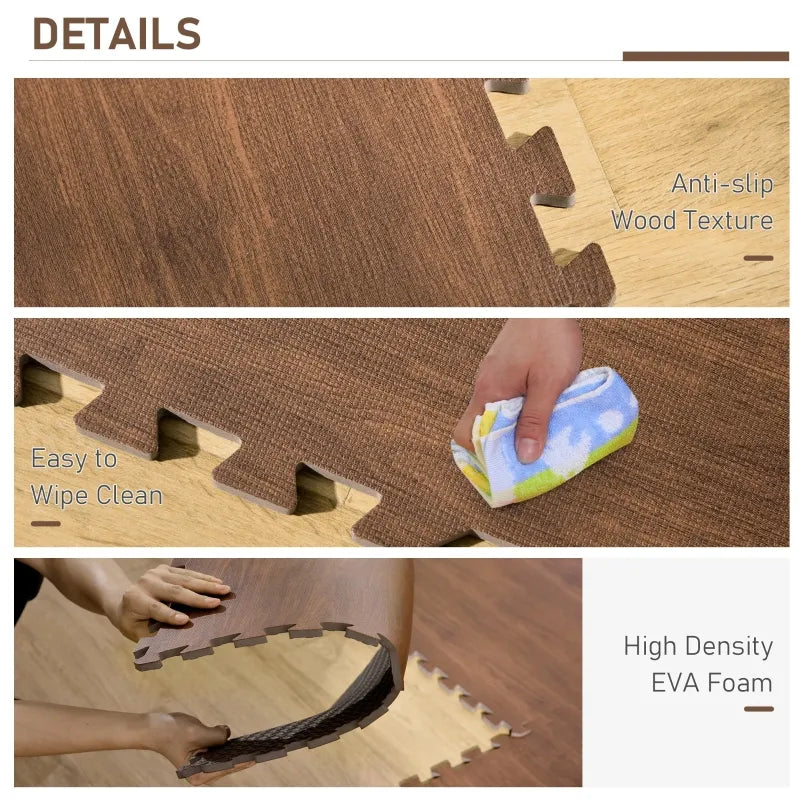 HOMCOM Puzzle Floor Tiles, Interlocking EVA Foam Mats w/ Borders Pack of 25, Brown