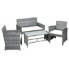Outsunny 4pcs Wicker Outdoor Patio Furniture Set with Sofa and 2 Chairs, Rattan Conversation Sets with Soft Cushions, 1 Tempered Glass Table-Top Center Coffee Table for Backyard, Garden, Grey