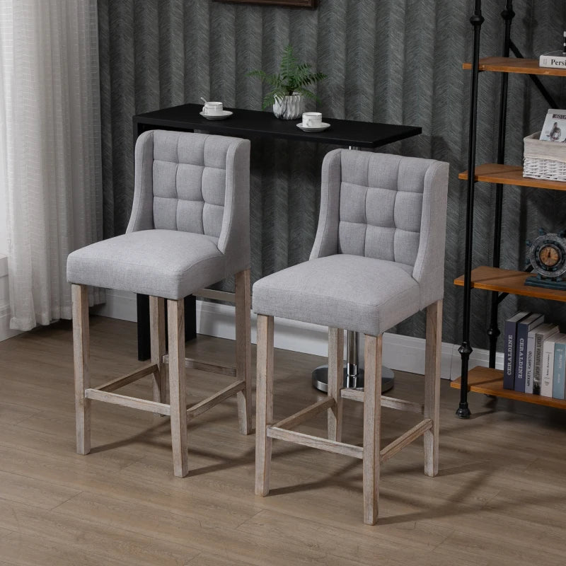 HOMCOM Modern Bar Stools, Tufted Upholstered Barstools, Pub Chairs with Back, Rubber Wood Legs for Kitchen, Dinning Room, Set of 2, Grey