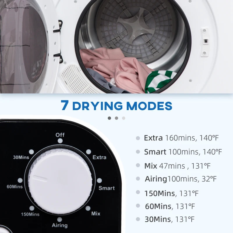 HOMCOM Compact Laundry Dryer Machine, 1300W, 3.22 Cu. Ft. Electric Automatic Portable Clothes Dryer with 7 Drying Modes and Stainless Steel Tub for Apartment or Dorm, White
