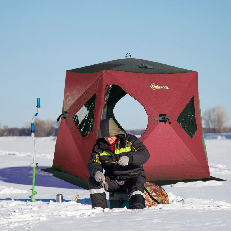 Outsunny 2 Person Insulated Ice Fishing Shelter Pop-Up Portable Ice Fishing Tent with Carry Bag and Anchors for Lowest Temps -22℉, Red