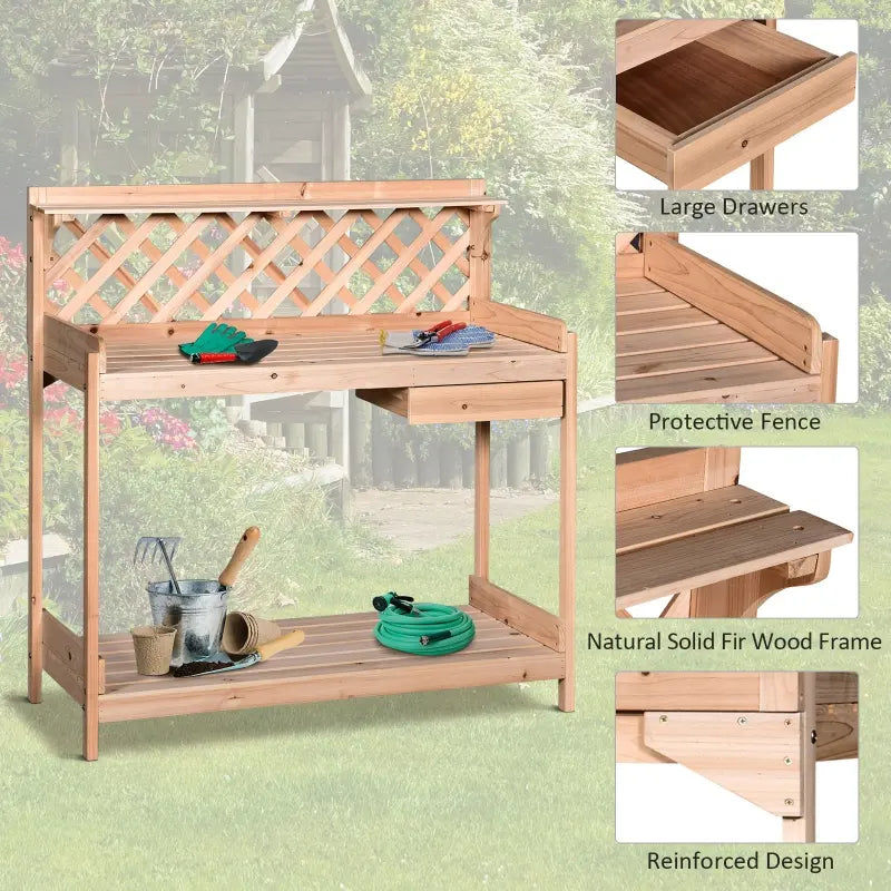 Outsunny Folding Potting Bench Table, Metal Garden Workstation, Work Bench with Large Built-in Bag with Cover, 5 Hanging Hooks & Storage Shelf, Leaf Pattern