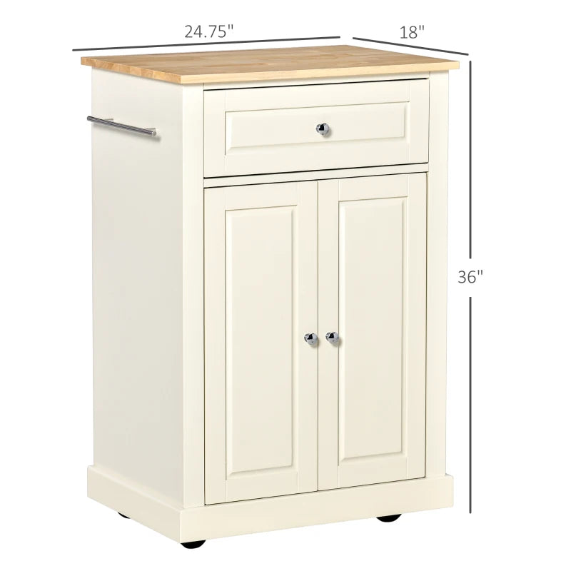 HOMCOM Rolling Kitchen Island Cart, Portable Serving Trolley Table with Drawer, Adjustable Shelf and 2 Towel Racks, Cream White
