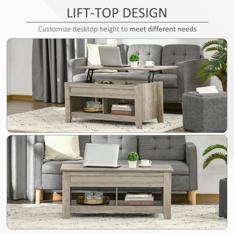 HOMCOM 42" Lift Top Coffee Table with Hidden Storage Compartment and Open Shelves, Lift Tabletop Pop-Up Accent Table for Living Room, Oak Wood Grain