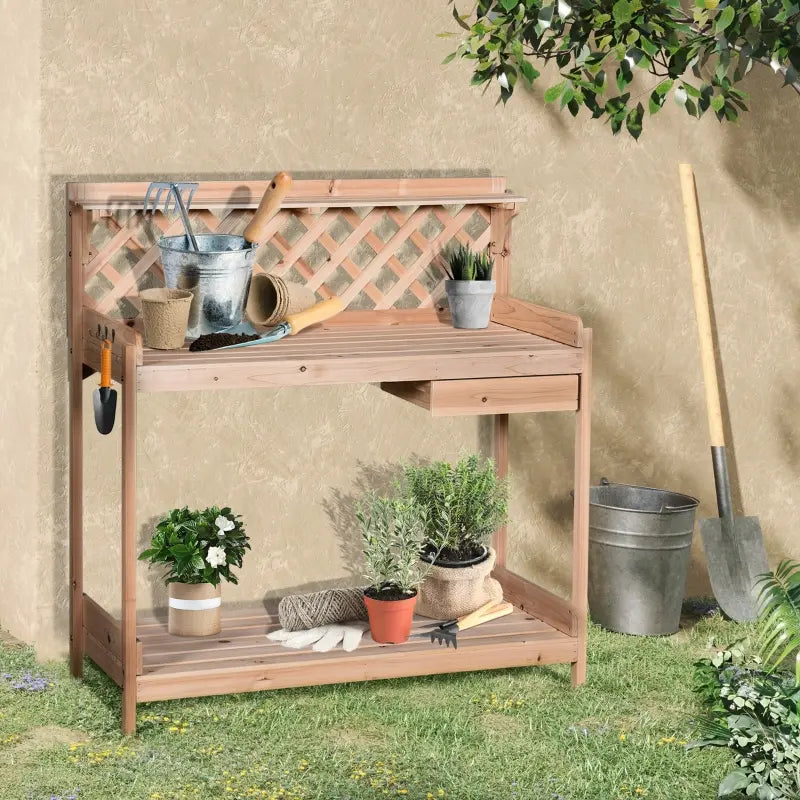 Outsunny Folding Potting Bench Table, Metal Garden Workstation, Work Bench with Large Build-In Bag with Cover, 5 Hanging Hooks & Storage Shelf, Flourishes