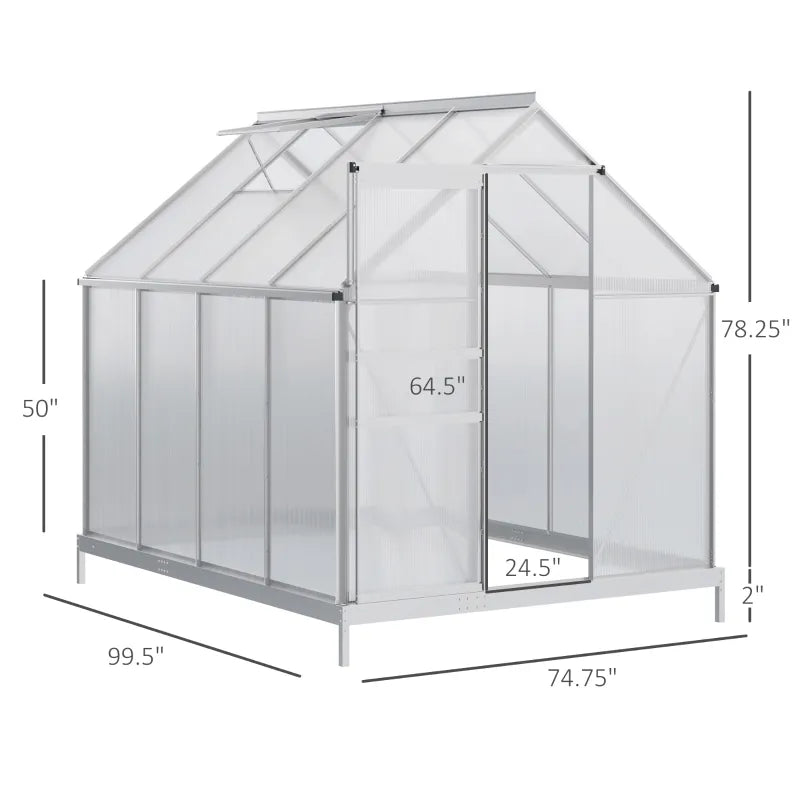 Outsunny 6' x 4' Hobby Greenhouse, Walk-in Polycarbonate Hot House Kit with Aluminum Frame, Sliding Door, Roof Vent, Silver