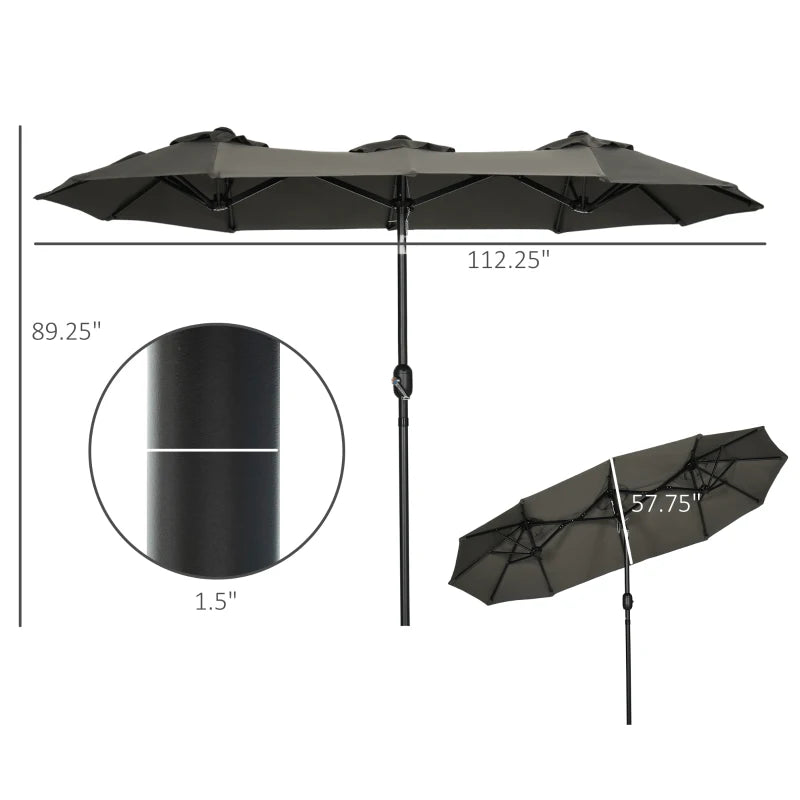 Outsunny Double-sided Patio Umbrella 9.5' Large Outdoor Market Umbrella with Push Button Tilt and Crank, 3 Air Vents and 12 Ribs, for Garden, Deck, Pool, Gray