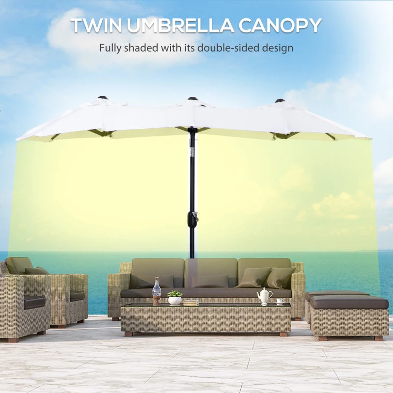 Outsunny Double-sided Patio Umbrella 9.5' Large Outdoor Market Umbrella with Push Button Tilt and Crank, 3 Air Vents and 12 Ribs, for Garden, Deck, Pool, White