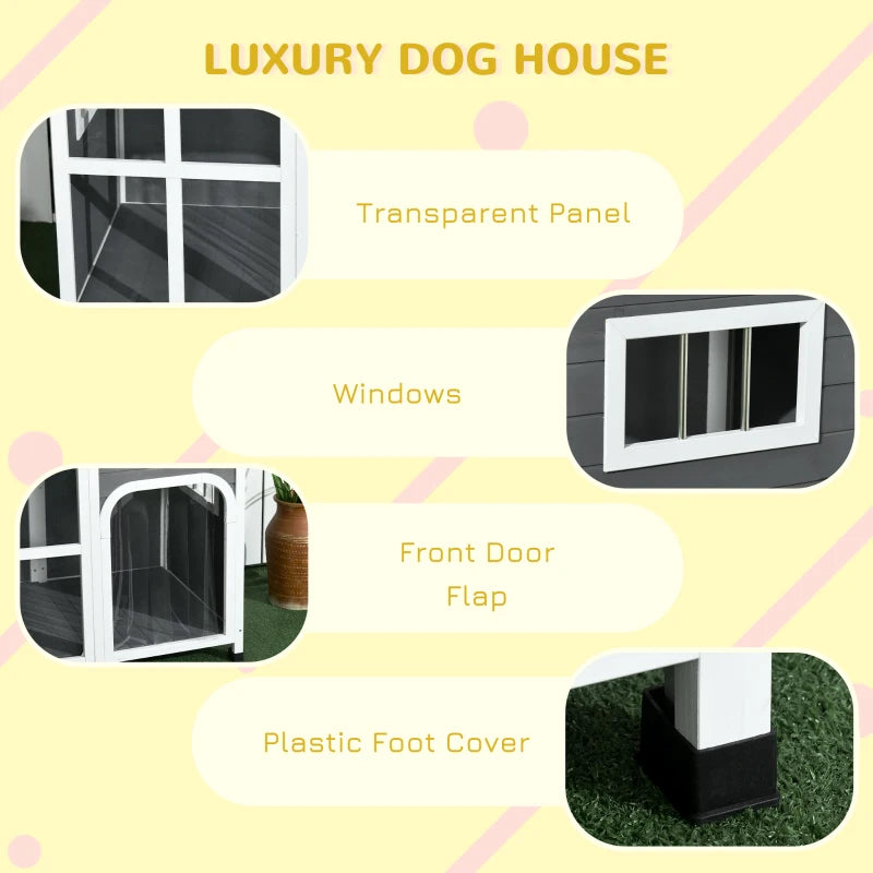 PawHut Wooden Dog House Outdoor with Porch, Cabin Style Raised Dog Shelter with PVC Roof, Front Door, Windows, for Large Medium Sized Dog