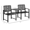 Outsunny Tete-a-Tete Garden Bench with Center Table, Metal Frame, Outdoor 2-Person Loveseat with Armrest for Patio Backyard Porch Black
