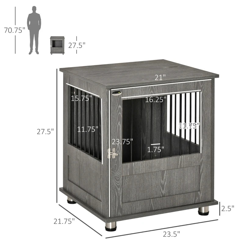 PawHut Dog Crate Furniture, Wooden End Table, Small Pet Kennel with Magnetic Door Indoor Crate Animal Cage, Grey