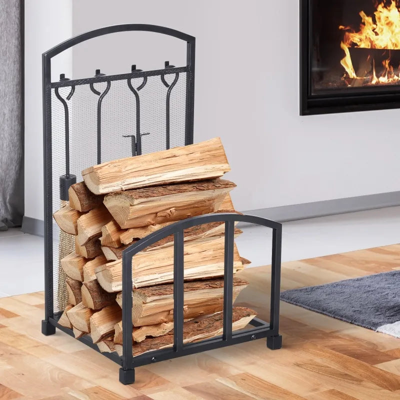 HOMCOM Firewood Log Rack Storage Holder Stand with Tool Kit Iron Indoor Outdoor - Black