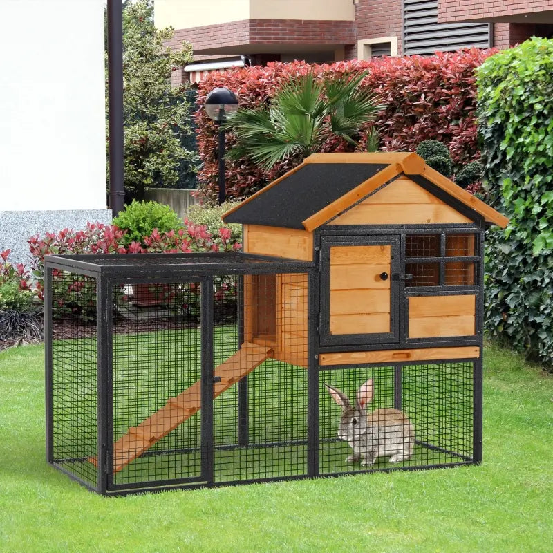 PawHut 48" Wooden Rabbit Hutch Bunny Cage Small Animal House Enclosure with Ramp, Removable Tray and Weatherproof Roof for Outdoor, Gray