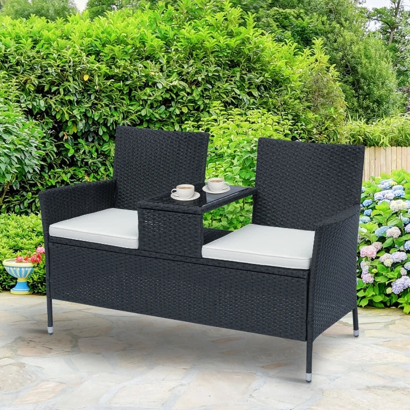 Outsunny Patio Wicker Conversation Furniture Set, Outdoor Rattan 2-Seater Chair, Modern Loveseat w/ Cushions & Tempered Glass Top Coffee Table for Garden, Lawn, Backyard, Porch, Black