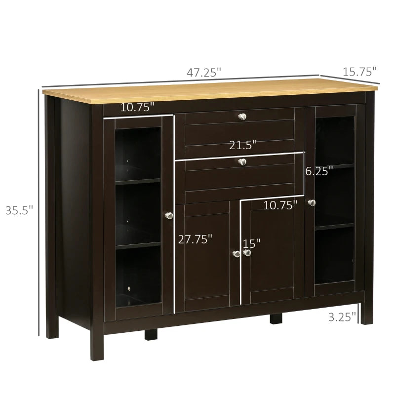 HOMCOM 47" Sideboard, Buffet Cabinet with Rubber Wood Top, Glass Door, Coffee Bar Cabinet, Kitchen Cabinet with Drawers, Adjustable Shelving for Living Room, Brown