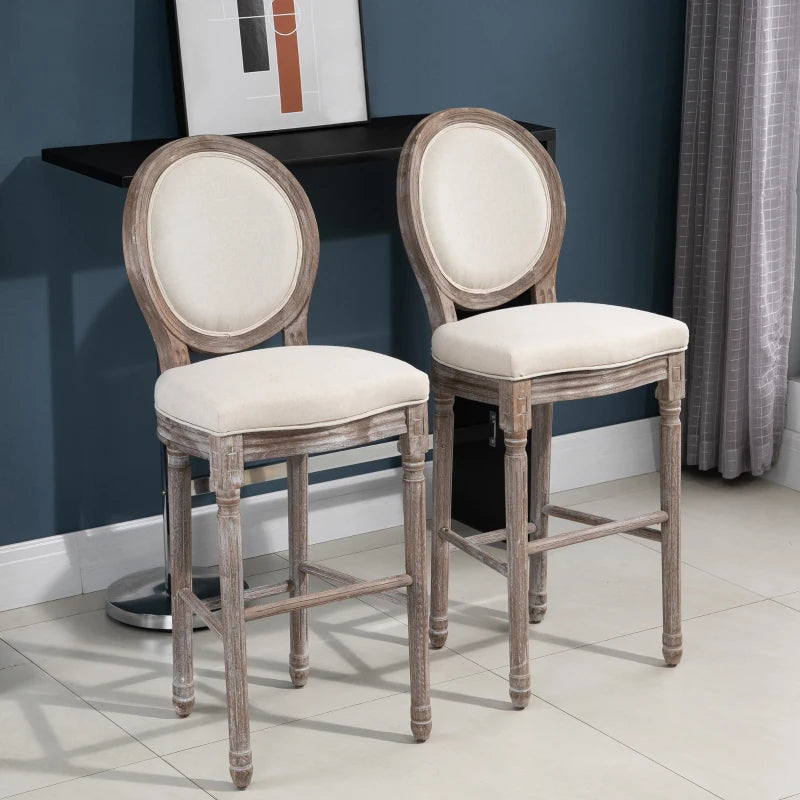 HOMCOM Vintage Bar Stools Set of 2, Wood Barstools Accent Chairs with Soft Linen Cushions & Footrest, 29.5" Seat Height, Cream
