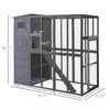 PawHut Large Wooden Outdoor Cat House Kitten Enclosure with Large Run, Asphalt Roof, Catio for Lounging, and Condo Area for Sleeping - 77"L, Gray