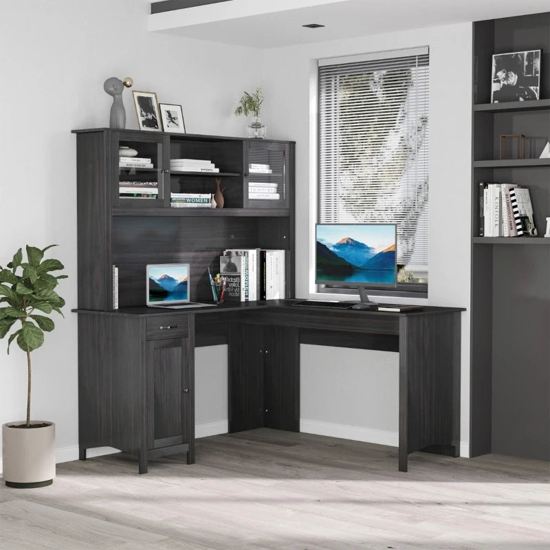 HOMCOM L-Shaped Desk with Hutch, Computer Desk with Drawers, Home Office Corner Desk Study Workstation Table with Storage Cabinets Shelves, Coffee