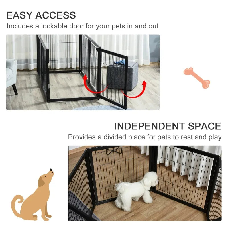 PawHut Transformable Pet Playpen 6 Freestanding Panels Gate Barrier with Walk Through Door, Wooden Frame & Metal Mesh, Black 63'' x 54.5'' x 31.5''