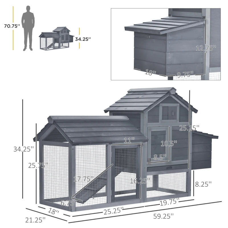 PawHut 59" Small Wooden Chicken coop Hen House Poultry Cage for Outdoor Backyard with 2 Doors, Nesting Box and Removable Tray, Grey