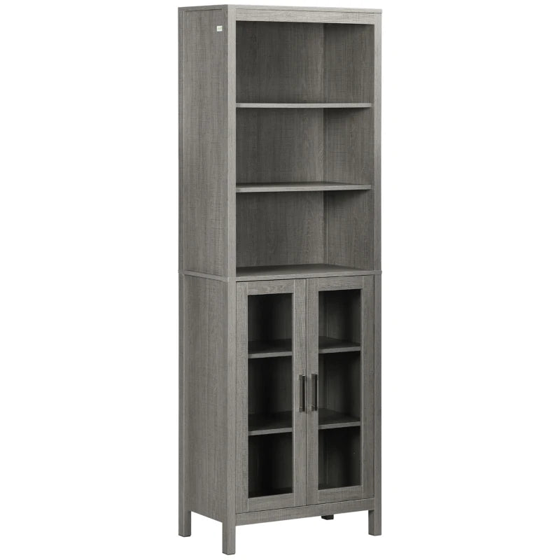 kleankin Tall Bathroom Storage Cabinet with 3 Tier Shelf, Glass Door Cupboard, Freestanding Linen Tower with Adjustable Shelves, Grey Wood Grain