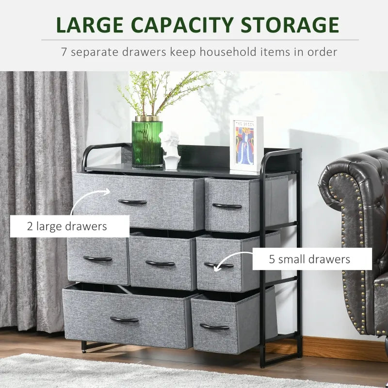HOMCOM 7-Drawer Dresser, Fabric Chest of Drawers, 3-Tier Storage Organizer for Bedroom Entryway, Tower Unit with Steel Frame Wooden Top, Light Grey