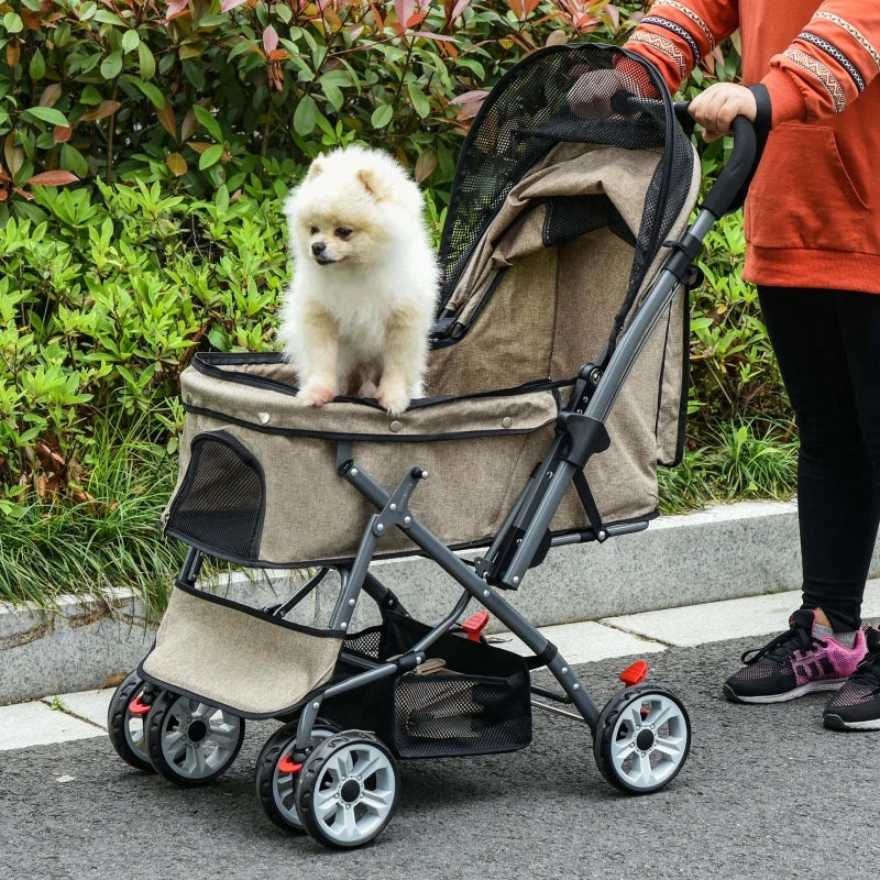 PawHut Travel Pet Stroller for Dogs, Cats, One-Click Fold Jogger Pushchair with Swivel Wheels, Brakes, Basket Storage, Safety Belts, Adjustable Canopy, Zippered Mesh Window Door, Brown