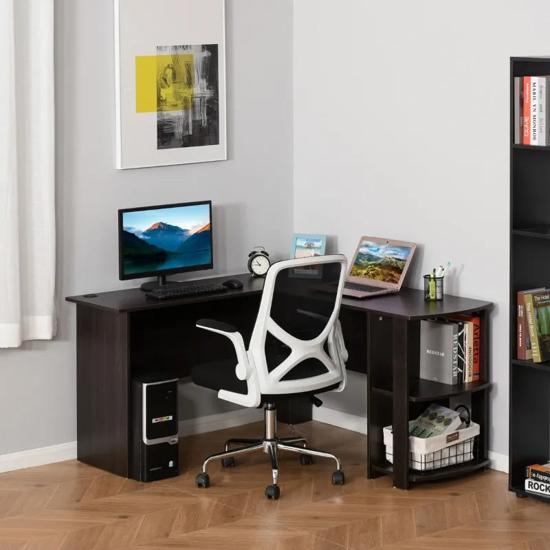 HOMCOM L-Shaped Computer Desk, Laptop Workstation with Return and 2 Storage Shelves for Home Office, Dark Brown