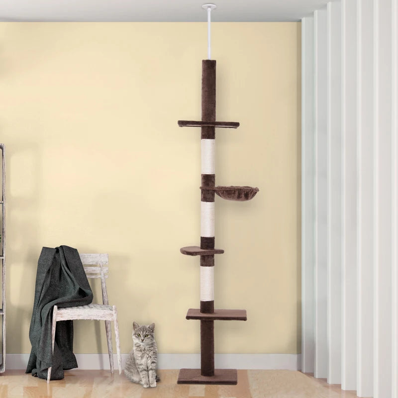 PawHut 8.5' Adjustable Height Floor-To-Ceiling Vertical Cat Tree, Brown and White