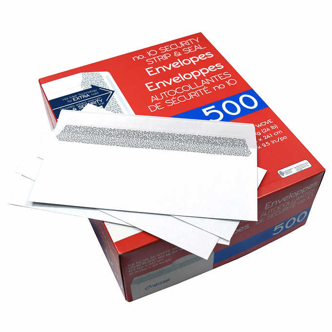 Top Flight #10 Security Strip & Seal Envelopes, 24lb, 4 1/8"x9 1/2" 500-count