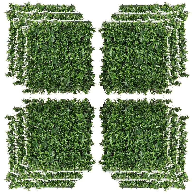 Outsunny 12 Piece Artificial Boxwood Privacy Fence Screen, 20" x 20" Faux Hedge Greenery Wall Decoration, UV Protected Indoor Outdoor Garden Décor with Milan Leaf and White Flowers