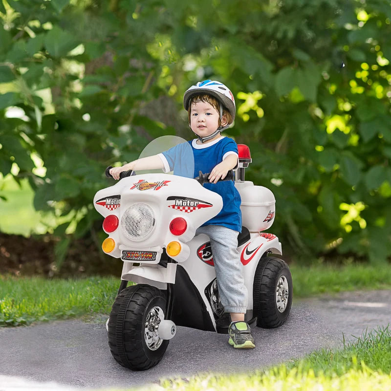 ShopEZ USA Ride-on Electric Motorcycle for Kids with Music & Horn Buttons, Stable 3-Wheel Design, & Rear Storage Space - White
