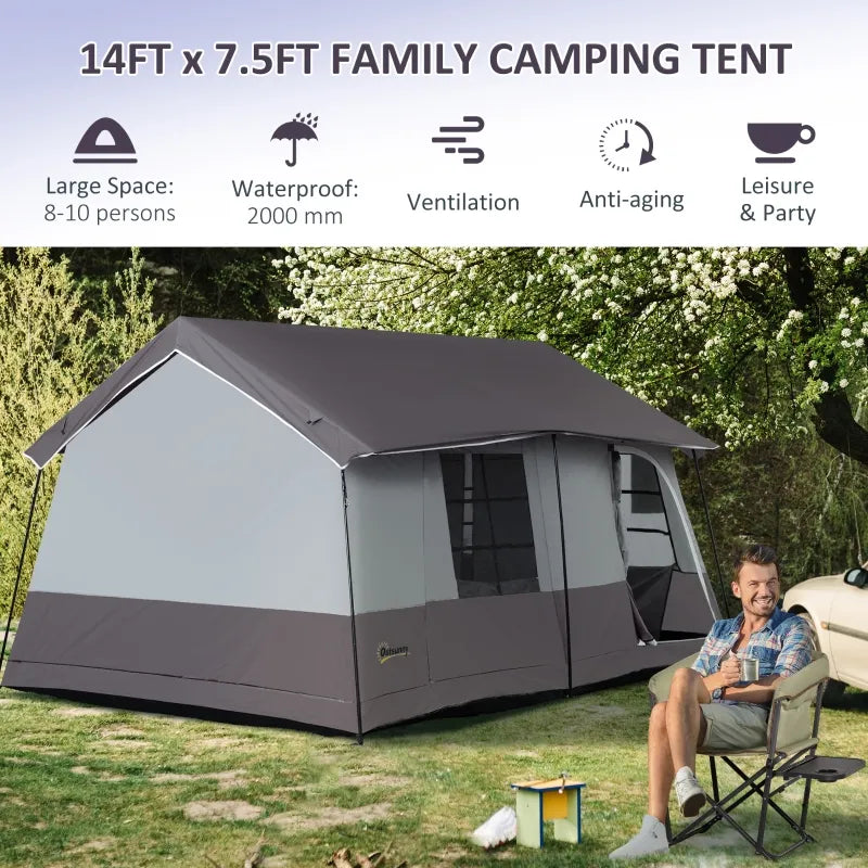 Outsunny Large Camping Tent with 10 Person Floorspace, Rain Cover & Breathable Mesh Roof, Large Tent 8 Person Size, Big Family Tent Camping Accessory, Gray