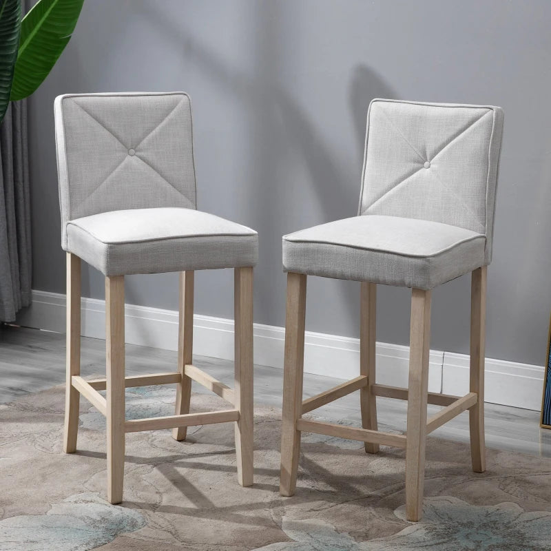 HOMCOM Modern Bar Stools Set of 2, Upholstered Barstools Kitchen Island Chair with Build-In Footrest, Solid Wood Legs, Beige