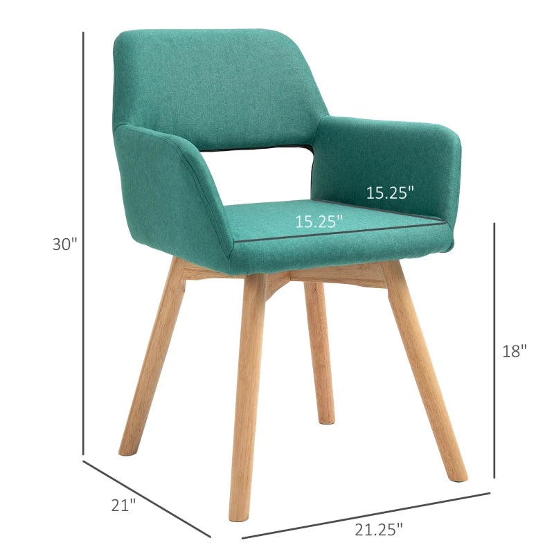 HOMCOM Dining Chairs Set of 2 Home Modern Accent Armchair for Bedroom Living Room with Fabric Surface and Solid Wood Legs, Green
