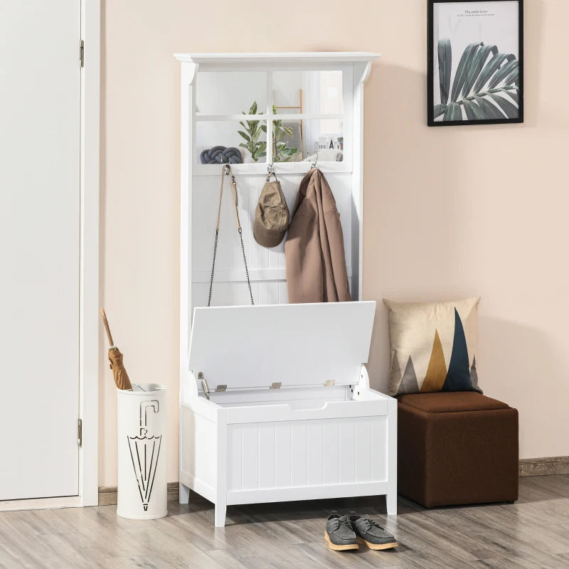 HOMCOM Coat Rack Shoe Bench with Storage 4 In 1 Hall Tree for Entryway Hallway Organizer with Cabinet 3 Hooks Mirrors White