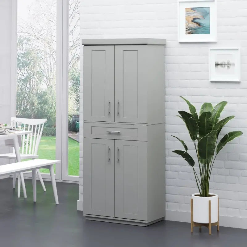 HOMCOM Modern Kitchen Pantry Freestanding Cabinet Cupboard with Doors and Drawer, Adjustable Shelving, Grey