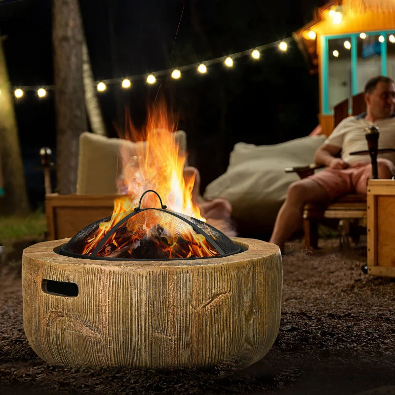 Outsunny Outdoor Fire Pit with Stump Effect, 18-inch Wood-burning Brazier Fireplace with Spark Screen and Poker for Backyard Camping Bonfire, Dark Brown